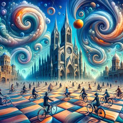 Primary subject: People riding bicycles

Setting/background: A city with a large clock tower and a castle-like building in the background.

Visual style: Digital art

Colors and mood: The image is colorful and vibrant, with a lively atmosphere.